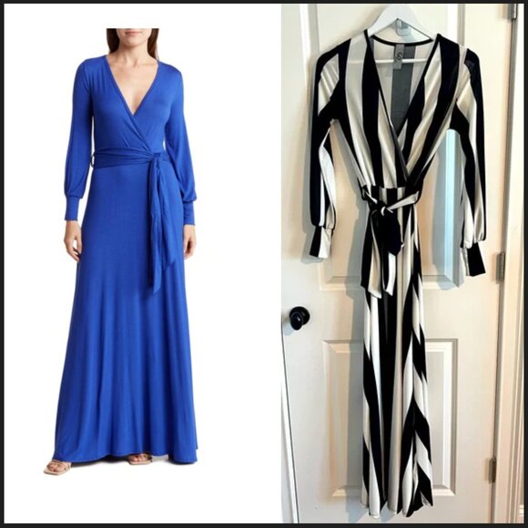 Go Couture – Long Sleeve Front-Tie Maxi Dress Black White Stripe S - Picture 1 of 8